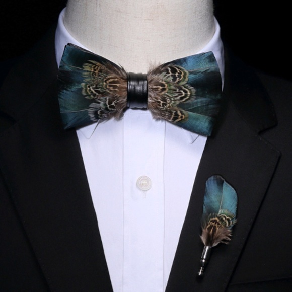 Other - Handmade Blue & Brown Feather Bow Tie Boutonnière Lapel Pin Set